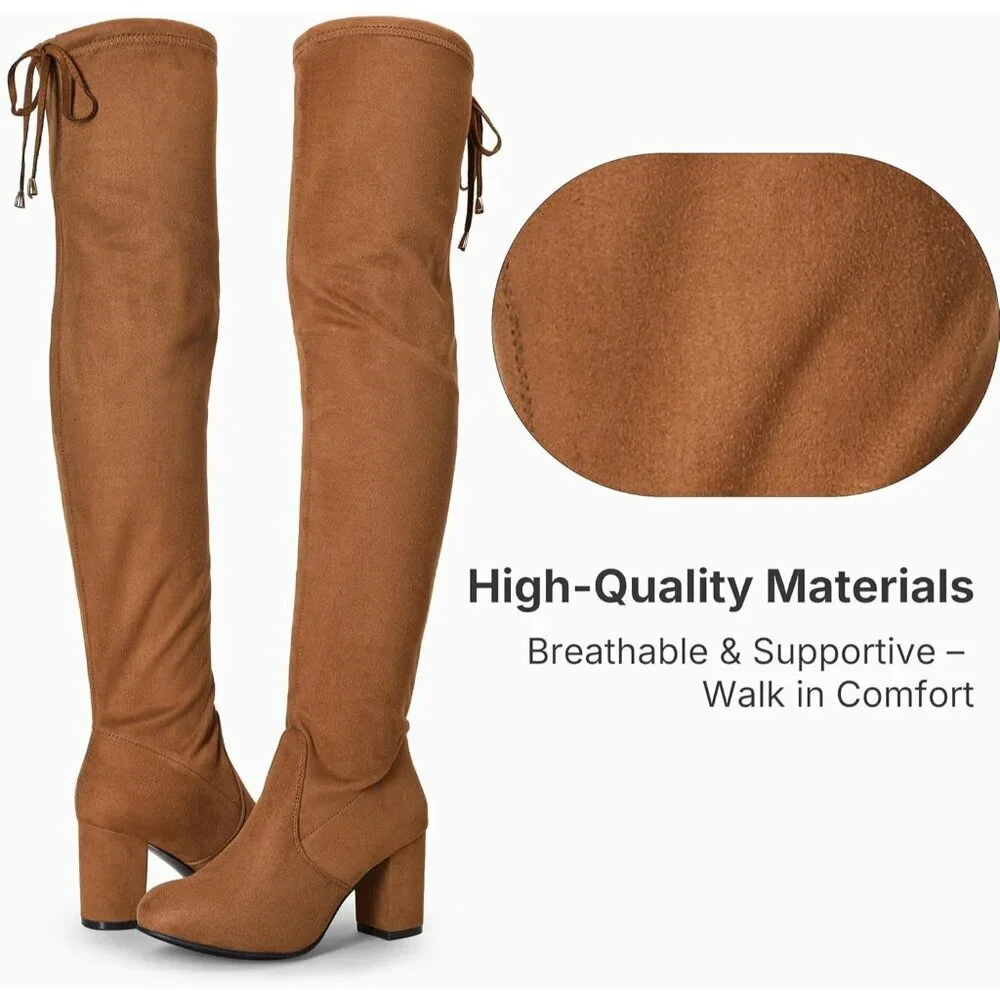 Women's Camel Suede Chunky Heels Zipper Over The Knee High Adjustable Boots